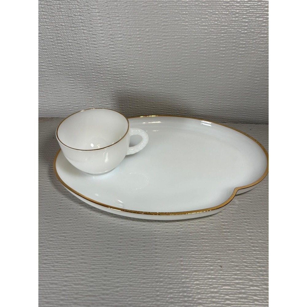 Vintage Federal Glass Milk Glass Snack Set Cloud Shape Gold Trim 2pc